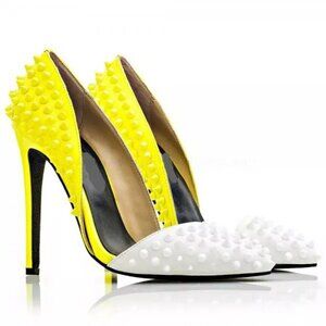 Kandee Girl White Neon Yellow Color Block D'Orsay Spiked Stilettoes Heels 35 5